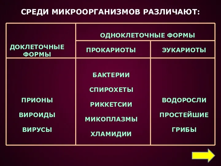 СРЕДИ МИКРООРГАНИЗМОВ РАЗЛИЧАЮТ: ДОКЛЕТОЧНЫЕ ФОРМЫ ПРОКАРИОТЫ ЭУКАРИОТЫ ОДНОКЛЕТОЧНЫЕ ФОРМЫ ПРИОНЫ ВИРОИДЫ