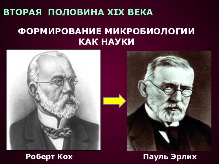 ВТОРАЯ ПОЛОВИНА XIX ВЕКА ФОРМИРОВАНИЕ МИКРОБИОЛОГИИ КАК НАУКИ Роберт Кох Пауль Эрлих