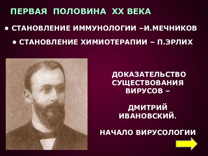 ПЕРВАЯ ПОЛОВИНА XX ВЕКА СТАНОВЛЕНИЕ ИММУНОЛОГИИ –И.МЕЧНИКОВ СТАНОВЛЕНИЕ ХИМИОТЕРАПИИ – П.ЭРЛИХ