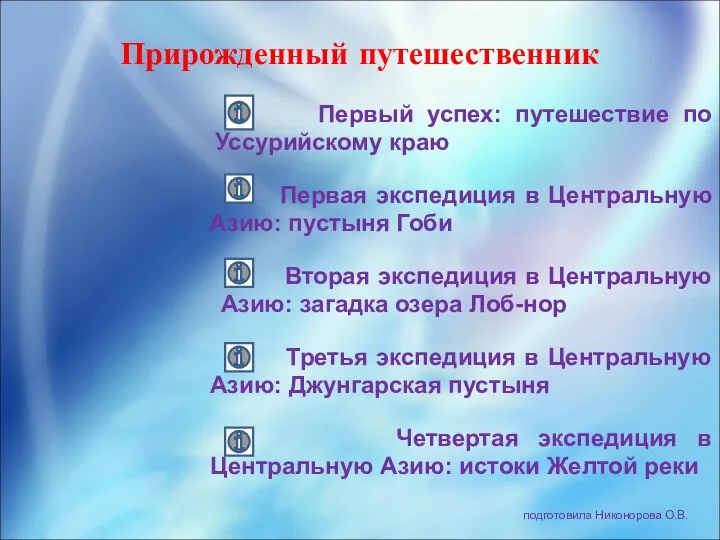 подготовила Никонорова О.В. Прирожденный путешественник Первый успех: путешествие по Уссурийскому краю