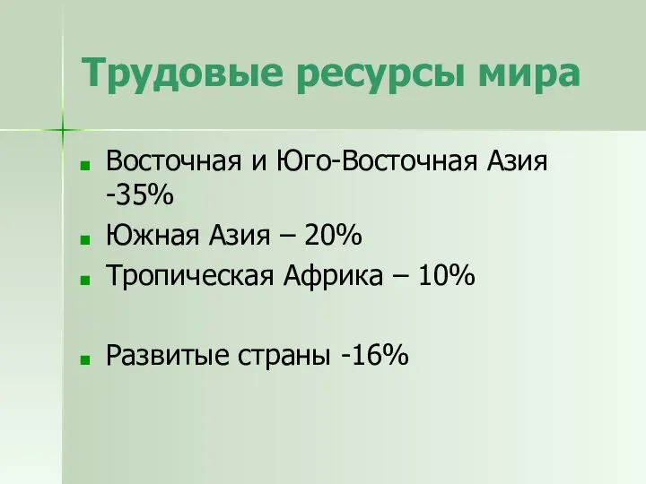 Трудовые ресурсы мира Восточная и Юго-Восточная Азия -35% Южная Азия –