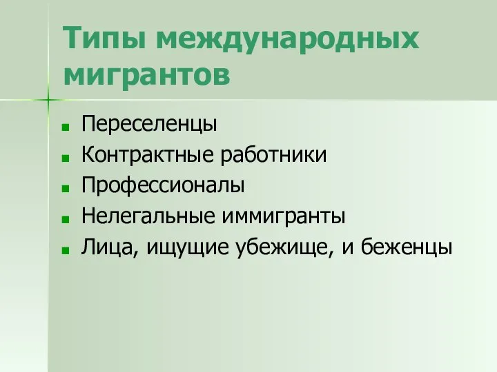 Типы международных мигрантов Переселенцы Контрактные работники Профессионалы Нелегальные иммигранты Лица, ищущие убежище, и беженцы