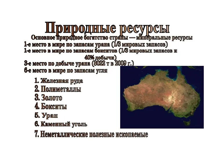 Природные ресурсы Основное природное богатство страны — минеральные ресурсы 1-е место