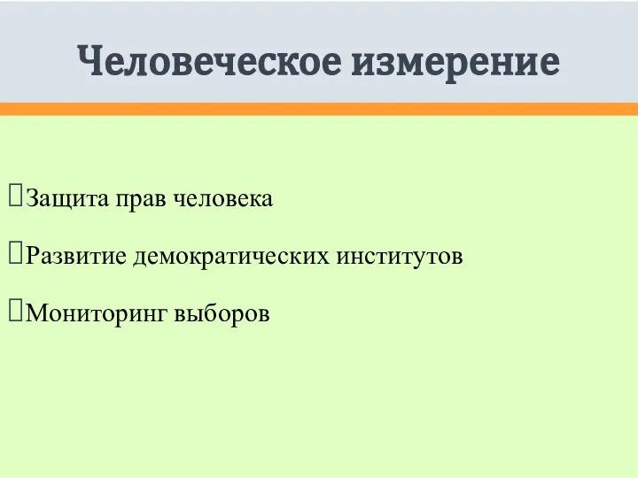 Человеческое измерение Защита прав человека Развитие демократических институтов Мониторинг выборов