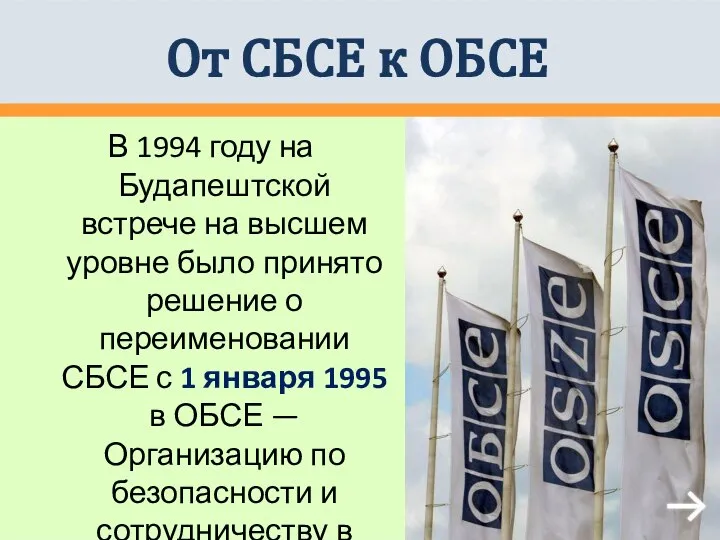 От СБСЕ к ОБСЕ В 1994 году на Будапештской встрече на