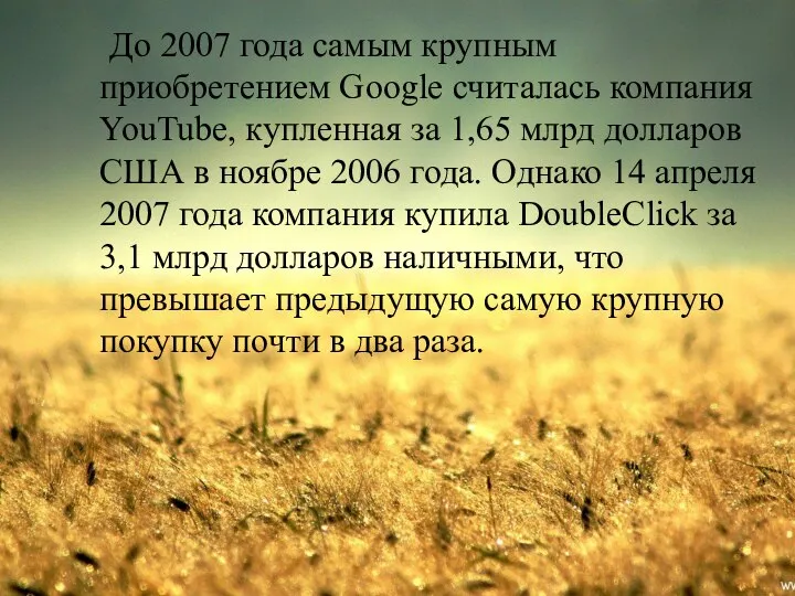 До 2007 года самым крупным приобретением Google считалась компания YouTube, купленная