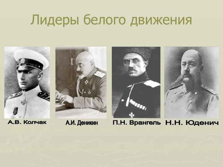 Лидеры белого движения А.В. Колчак А.И. Деникин П.Н. Врангель Н.Н. Юденич