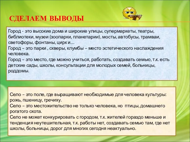 СДЕЛАЕМ ВЫВОДЫ Город - это высокие дома и широкие улицы, супермаркеты,