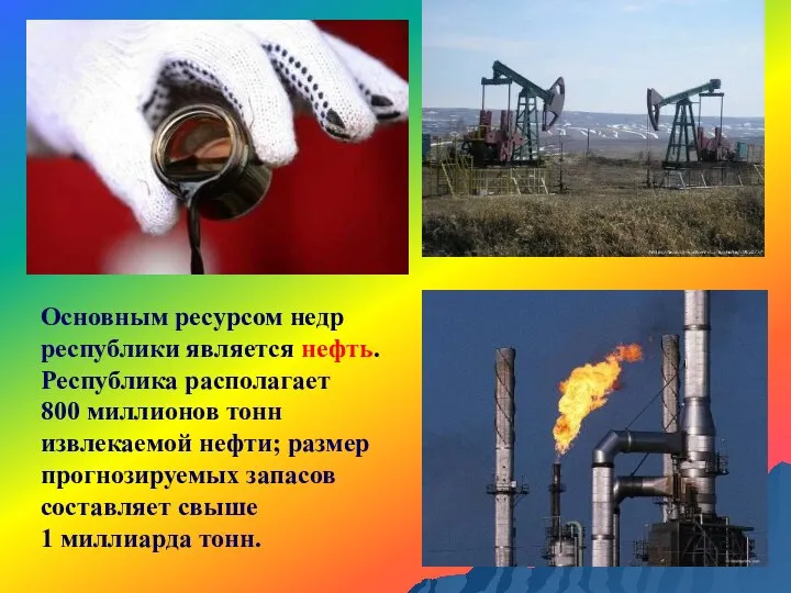 Основным ресурсом недр республики является нефть. Республика располагает 800 миллионов тонн