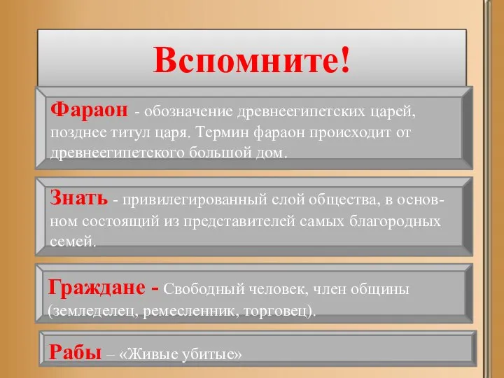 Вспомните! Фараон - обозначение древнеегипетских царей, позднее титул царя. Термин фараон