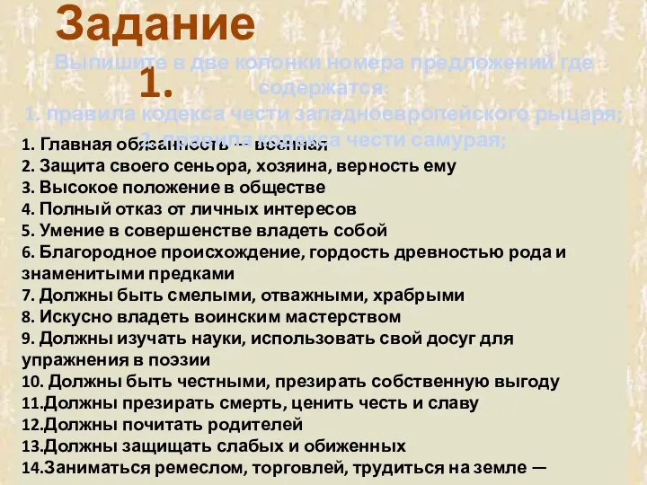 1. Главная обязанность — военная 2. Защита своего сеньора, хозяина, верность