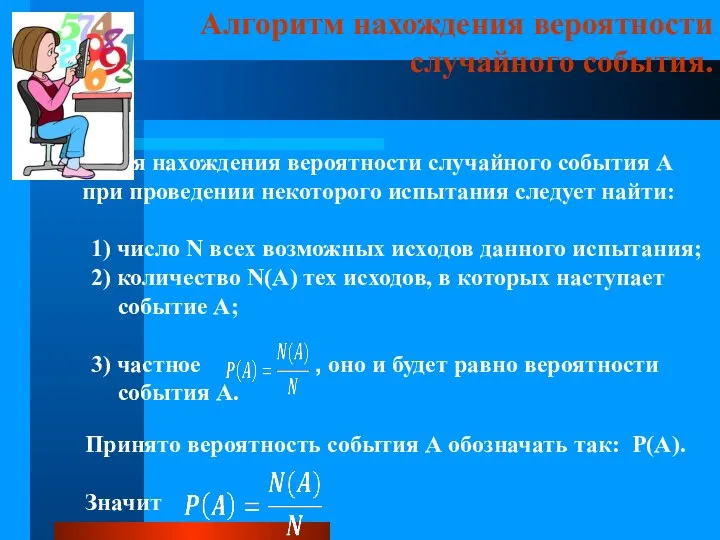 Алгоритм нахождения вероятности случайного события. Для нахождения вероятности случайного события А