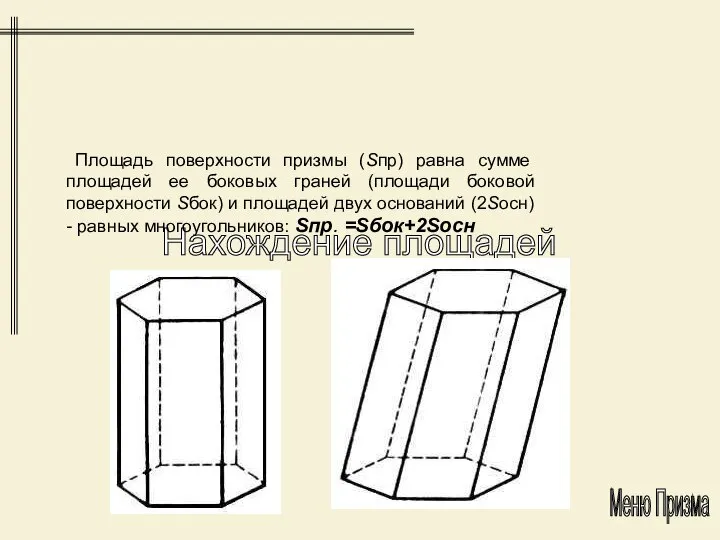 Нахождение площадей Площадь поверхности призмы (Sпр) равна сумме площадей ее боковых