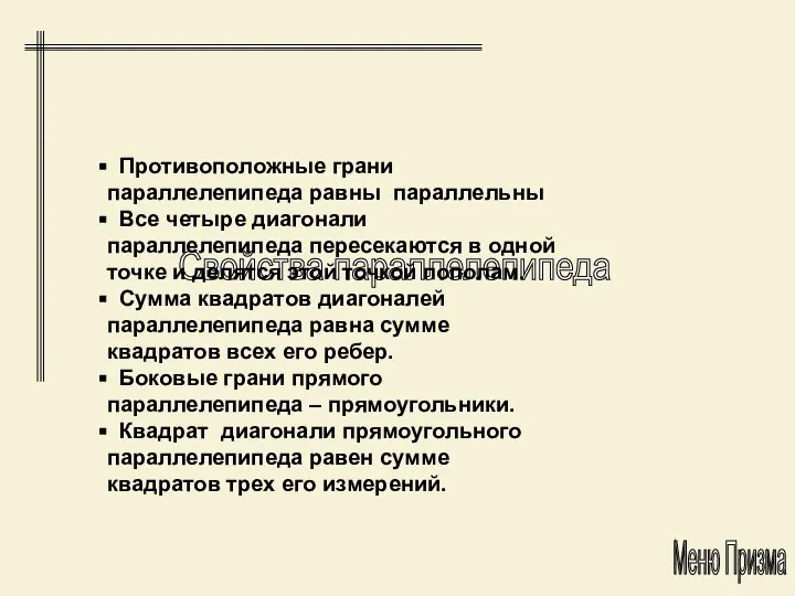 Свойства параллелепипеда Меню Призма Противоположные грани параллелепипеда равны параллельны Все четыре