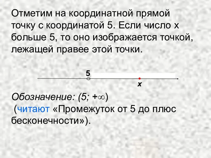 Отметим на координатной прямой точку с координатой 5. Если число х