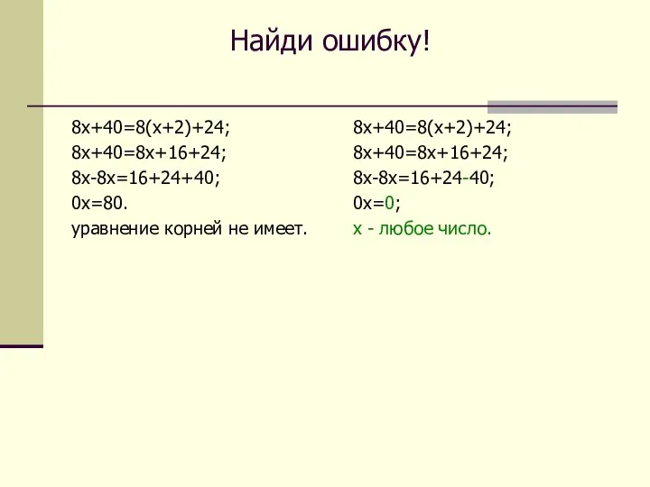 Найди ошибку! 8х+40=8(х+2)+24; 8х+40=8х+16+24; 8х-8х=16+24+40; 0х=80. уравнение корней не имеет. 8х+40=8(х+2)+24;