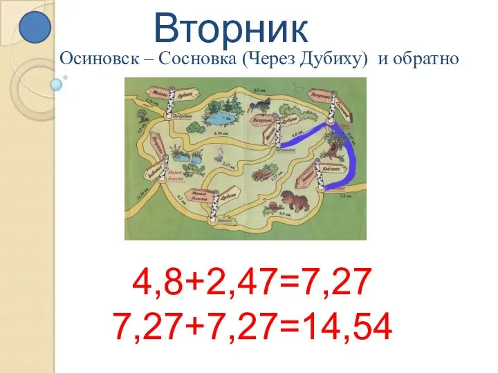 Вторник 4,8+2,47=7,27 7,27+7,27=14,54 Осиновск – Сосновка (Через Дубиху) и обратно