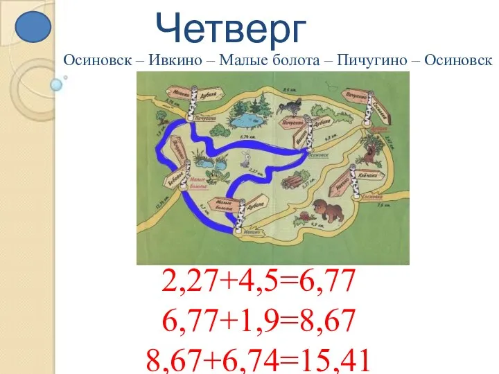 Четверг 2,27+4,5=6,77 6,77+1,9=8,67 8,67+6,74=15,41 Осиновск – Ивкино – Малые болота – Пичугино – Осиновск