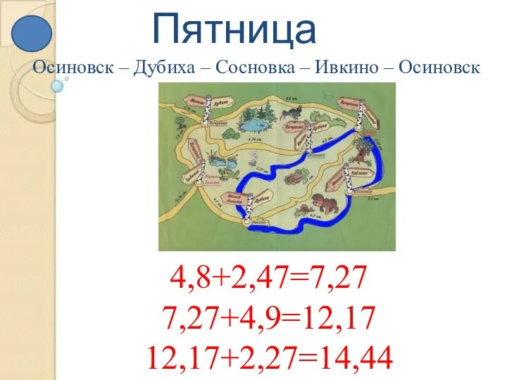 Пятница 4,8+2,47=7,27 7,27+4,9=12,17 12,17+2,27=14,44 Осиновск – Дубиха – Сосновка – Ивкино – Осиновск