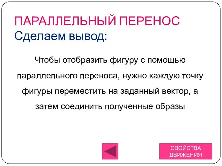 ПАРАЛЛЕЛЬНЫЙ ПЕРЕНОС Сделаем вывод: Чтобы отобразить фигуру с помощью параллельного переноса,