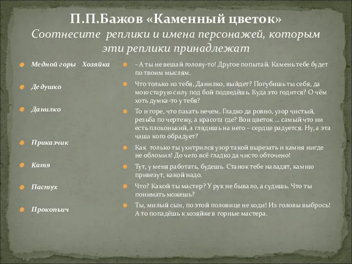 П.П.Бажов «Каменный цветок» Соотнесите реплики и имена персонажей, которым эти реплики