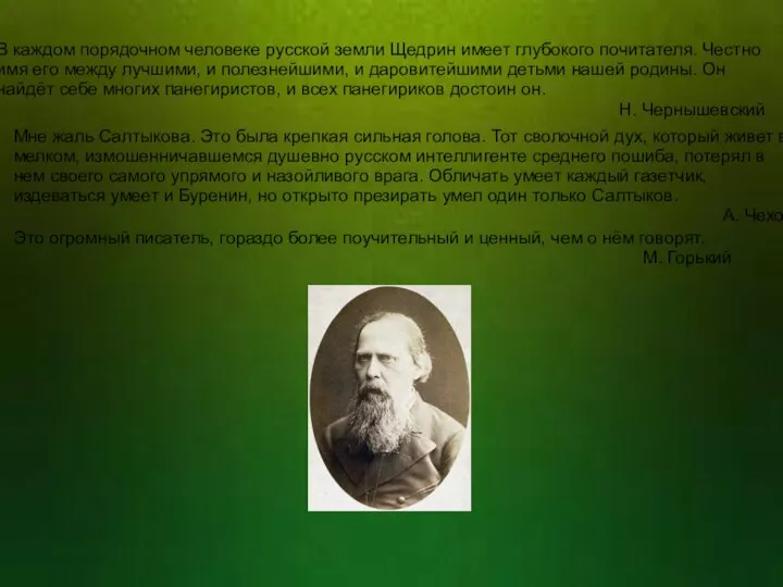 В каждом порядочном человеке русской земли Щедрин имеет глубокого почитателя. Честно