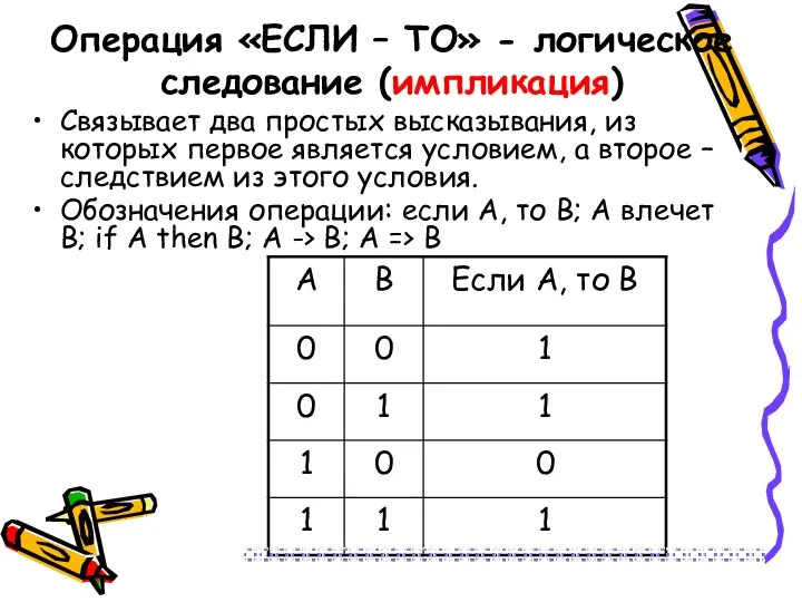 Операция «ЕСЛИ – ТО» - логическое следование (импликация) Связывает два простых