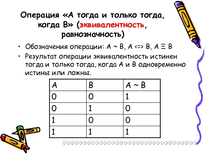 Операция «А тогда и только тогда, когда В» (эквивалентность, равнозначность) Обозначения