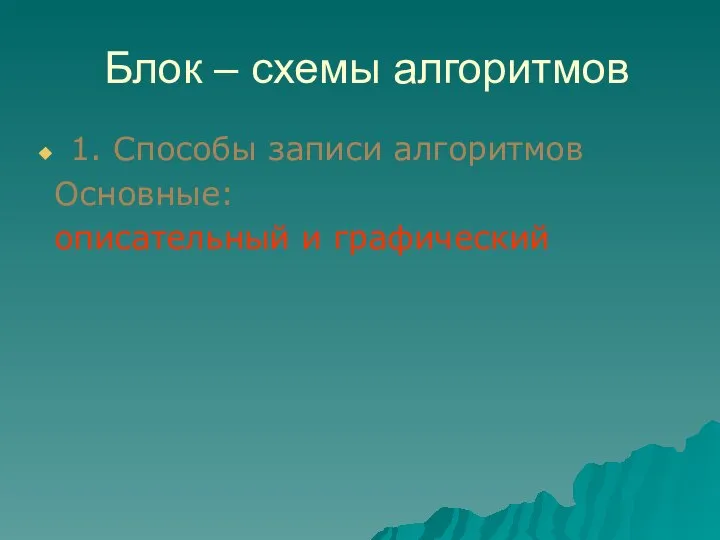 Блок – схемы алгоритмов 1. Способы записи алгоритмов Основные: описательный и графический