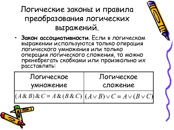 Логические законы и правила преобразования логических выражений. Закон ассоциативности. Если в