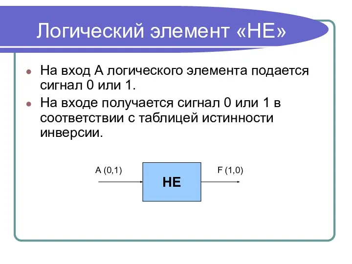 Логический элемент «НЕ» На вход А логического элемента подается сигнал 0