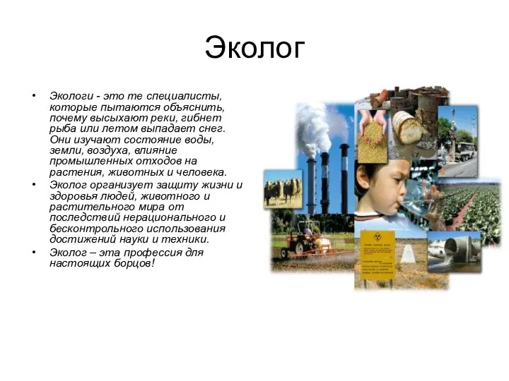 Эколог Экологи - это те специалисты, которые пытаются объяснить, почему высыхают