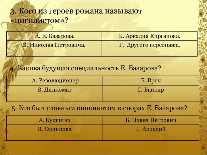 3. Кого из героев романа называют «нигилистом»? 4. Какова будущая специальность