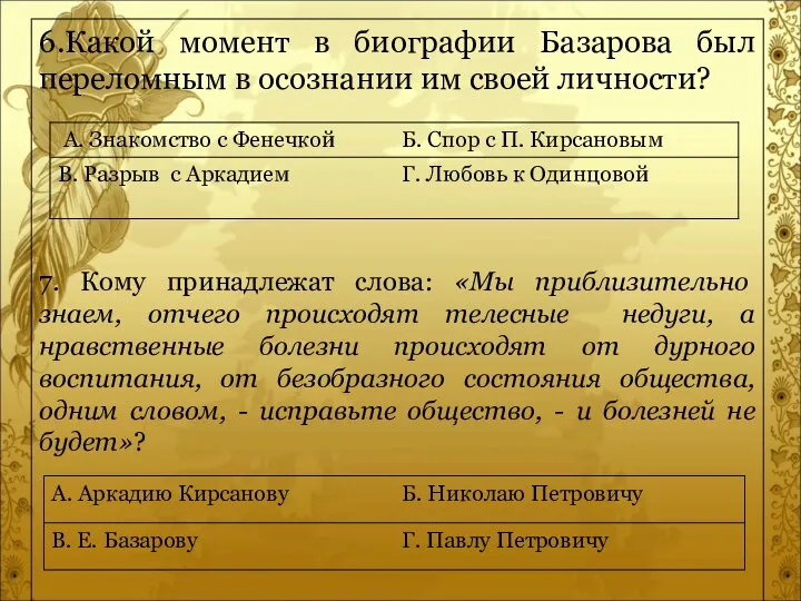 6.Какой момент в биографии Базарова был переломным в осознании им своей