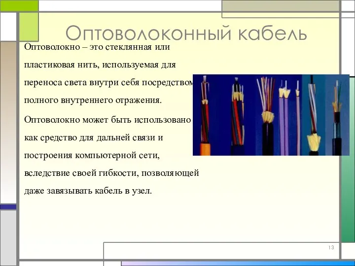 Оптоволоконный кабель Оптоволокно – это стеклянная или пластиковая нить, используемая для