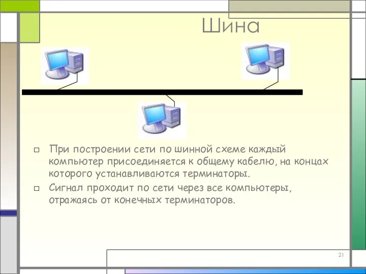 Шина При построении сети по шинной схеме каждый компьютер присоединяется к