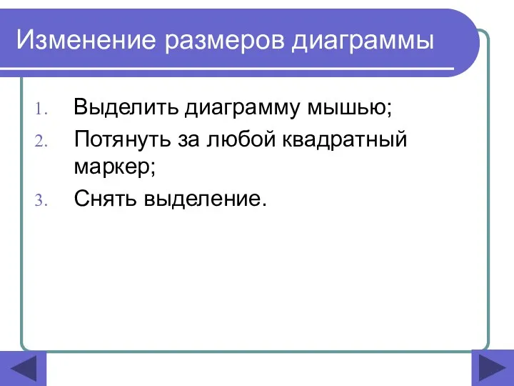 Изменение размеров диаграммы Выделить диаграмму мышью; Потянуть за любой квадратный маркер; Снять выделение.