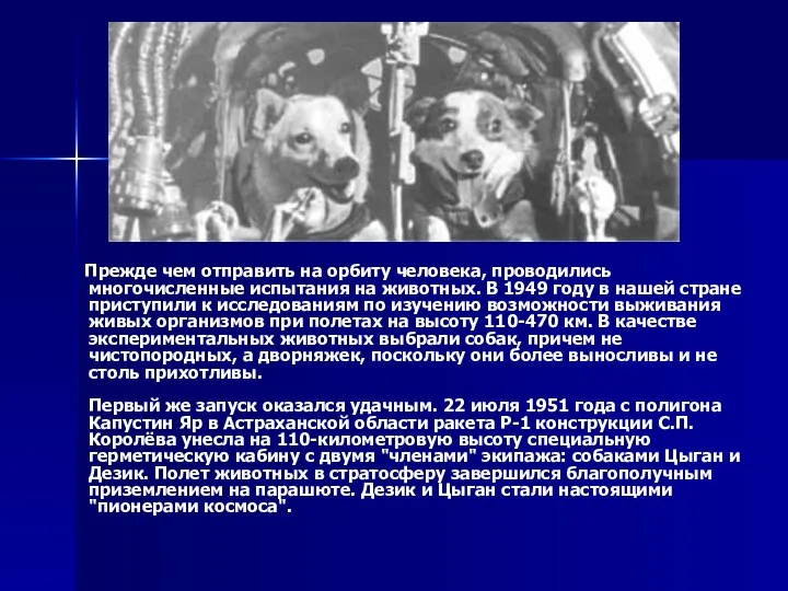 Прежде чем отправить на орбиту человека, проводились многочисленные испытания на животных.