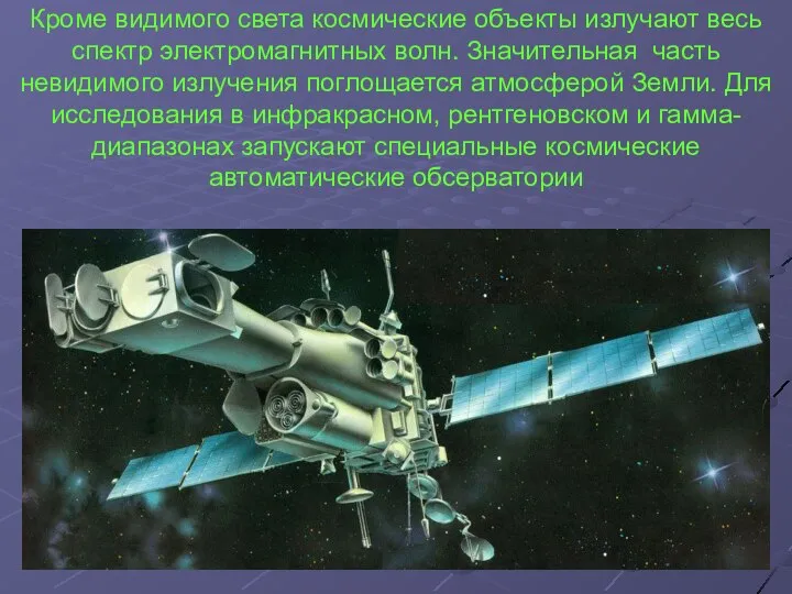 Кроме видимого света космические объекты излучают весь спектр электромагнитных волн. Значительная