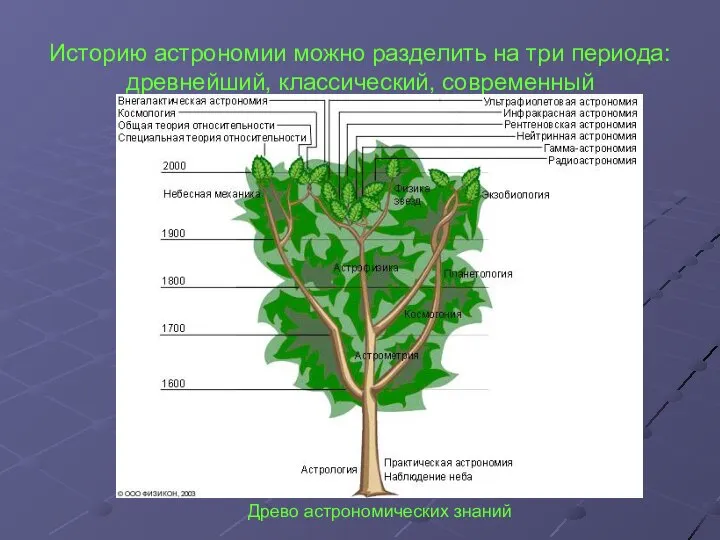 Историю астрономии можно разделить на три периода: древнейший, классический, современный Древо астрономических знаний