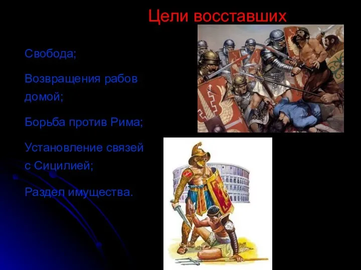 Свобода; Возвращения рабов домой; Борьба против Рима; Установление связей с Сицилией; Раздел имущества. Цели восставших