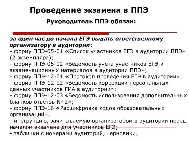 Проведение экзамена в ППЭ Руководитель ППЭ обязан: за один час до