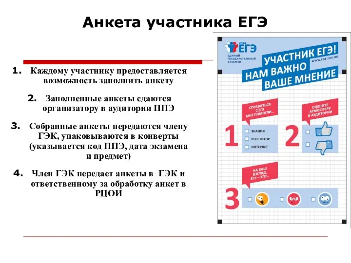 Анкета участника ЕГЭ Каждому участнику предоставляется возможность заполнить анкету Заполненные анкеты