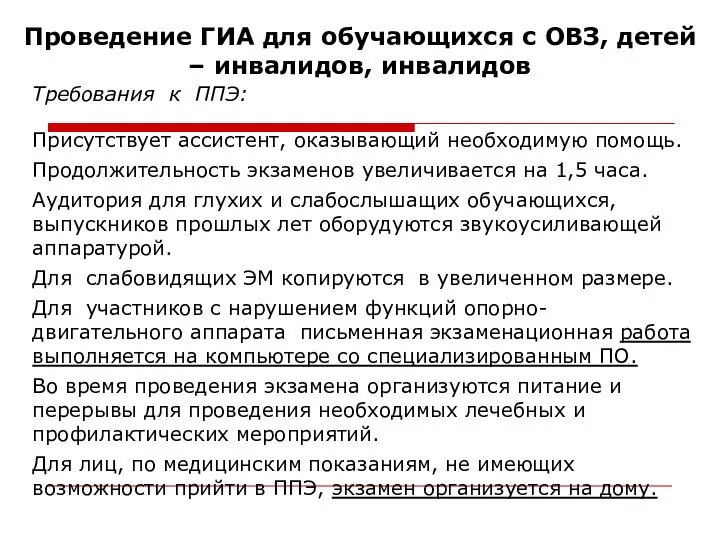 Проведение ГИА для обучающихся с ОВЗ, детей – инвалидов, инвалидов Требования