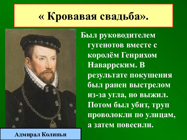 Был руководителем гугенотов вместе с королём Генрихом Наваррским. В результате покушения