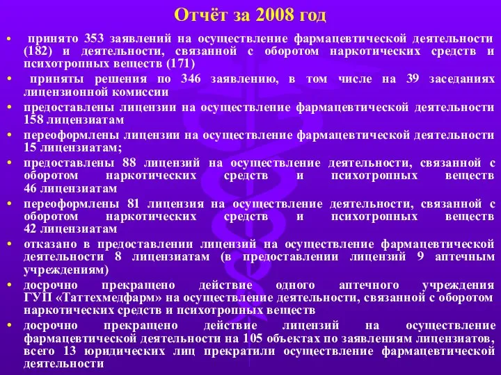 Отчёт за 2008 год принято 353 заявлений на осуществление фармацевтической деятельности