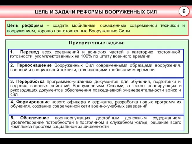 Приоритетные задачи: 1. Перевод всех соединений и воинских частей в категорию