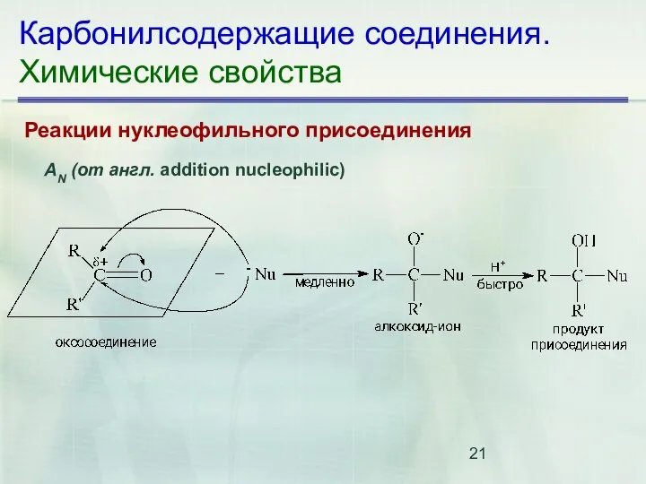 Карбонилсодержащие соединения. Химические свойства Реакции нуклеофильного присоединения АN (от англ. addition nucleophilic)