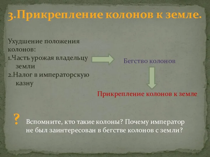 3.Прикрепление колонов к земле. Ухудшение положения колонов: 1.Часть урожая владельцу земли