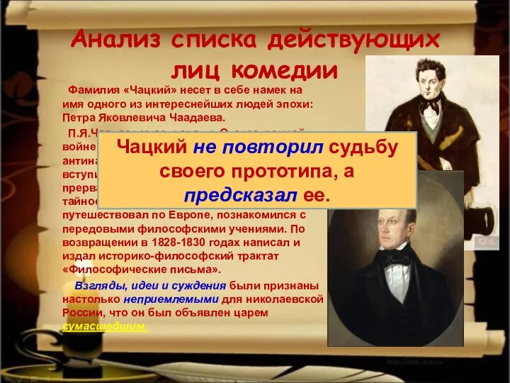 Анализ списка действующих лиц комедии Фамилия «Чацкий» несет в себе намек